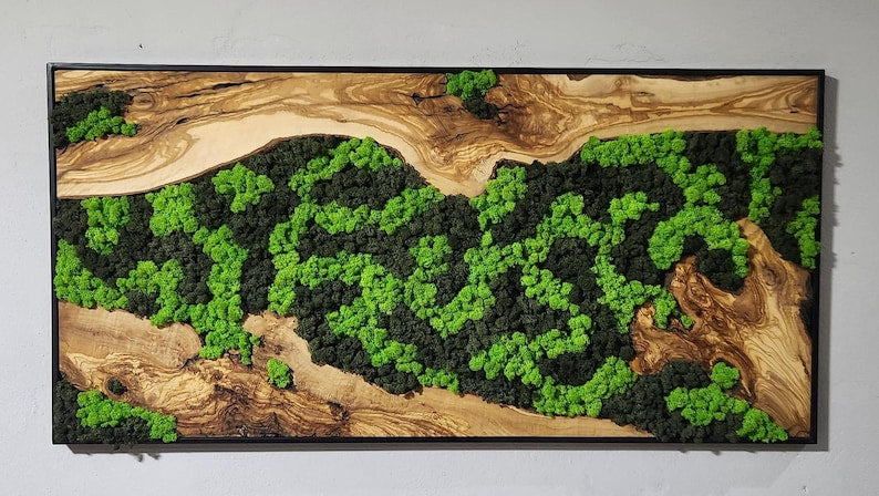 Moss Wall Decor, Custom Made Moss and Olive Wood Wall Art, Metal Frame, Olive Wood and Moss Wall Art- Preserved Stabilized Moss Wall Decor