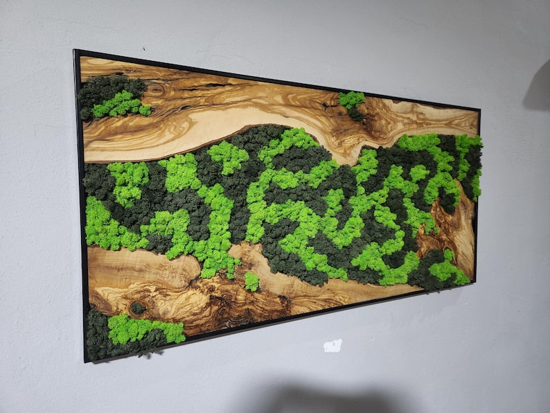 Moss Wall Decor, Custom Made Moss and Olive Wood Wall Art, Metal Frame, Olive Wood and Moss Wall Art- Preserved Stabilized Moss Wall Decor