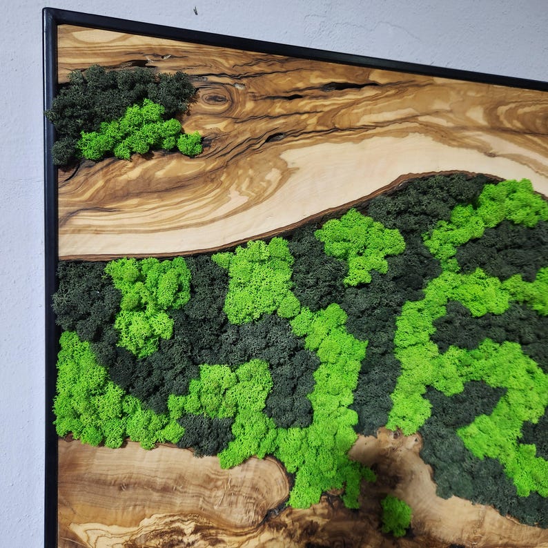 Moss Wall Decor, Custom Made Moss and Olive Wood Wall Art, Metal Frame, Olive Wood and Moss Wall Art- Preserved Stabilized Moss Wall Decor