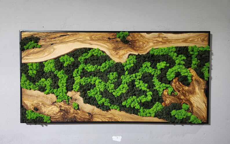 Moss Wall Decor, Custom Made Moss and Olive Wood Wall Art, Metal Frame, Olive Wood and Moss Wall Art- Preserved Stabilized Moss Wall Decor