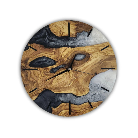 Black and White Epoxy Wall Clock, Custom Made Resin & Olive Wood Wall Clock, Made to order Epoxy and Olive Wood Wall Clock, Live Edge Clock