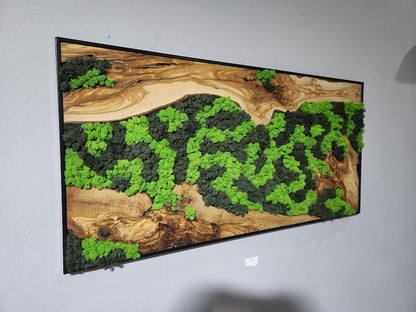 Moss Wall Decor, Custom Made Moss and Olive Wood Wall Art, Metal Frame, Olive Wood and Moss Wall Art- Preserved Stabilized Moss Wall Decor